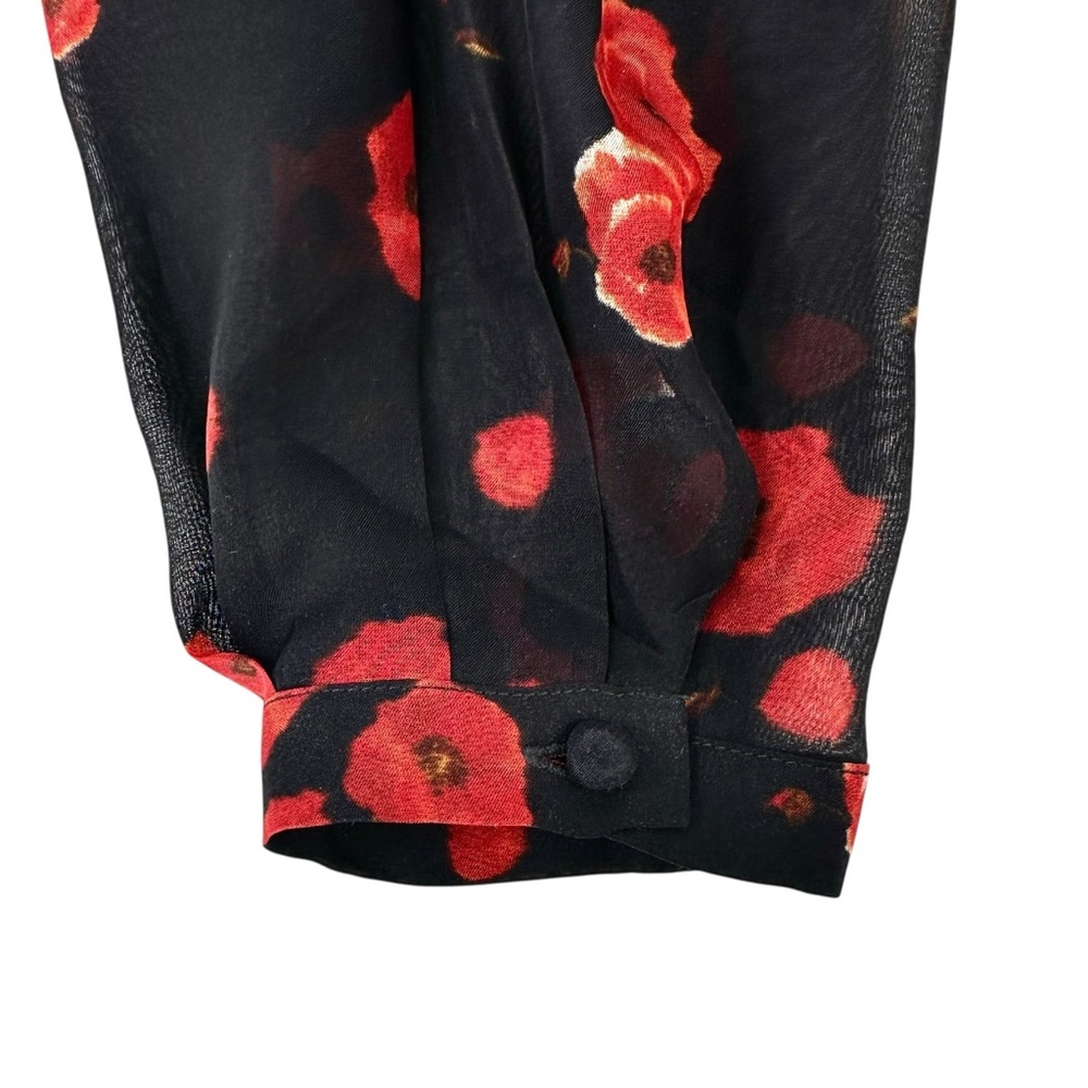 INTERMIX Navy Black Red Floral Tie Waist V-Neck Long Sleeve Silk Blouse z M - Picture 5 of 8